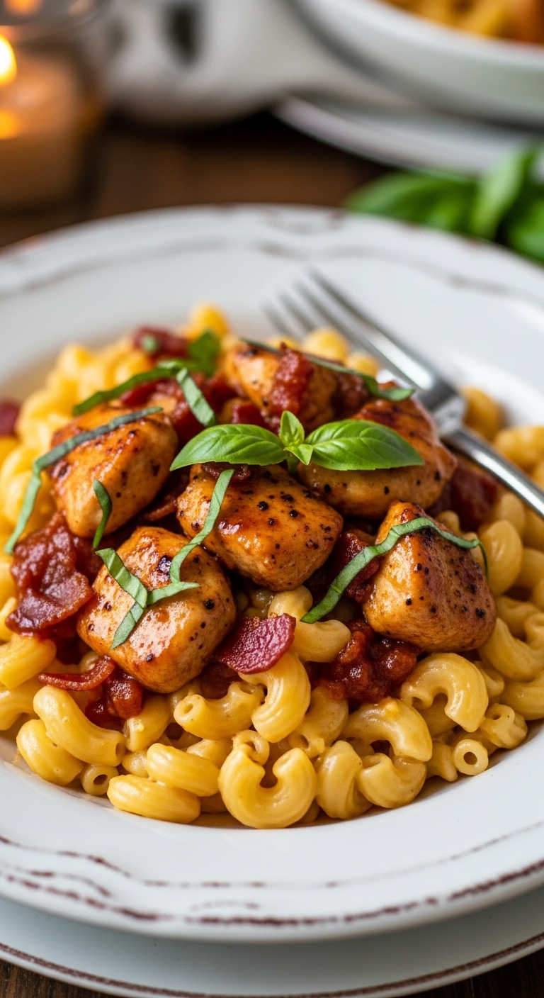 Honey-Pepper-Chicken-Mac-And-Cheese-Bowl-Glossy-Chicken-Bacon-Basil