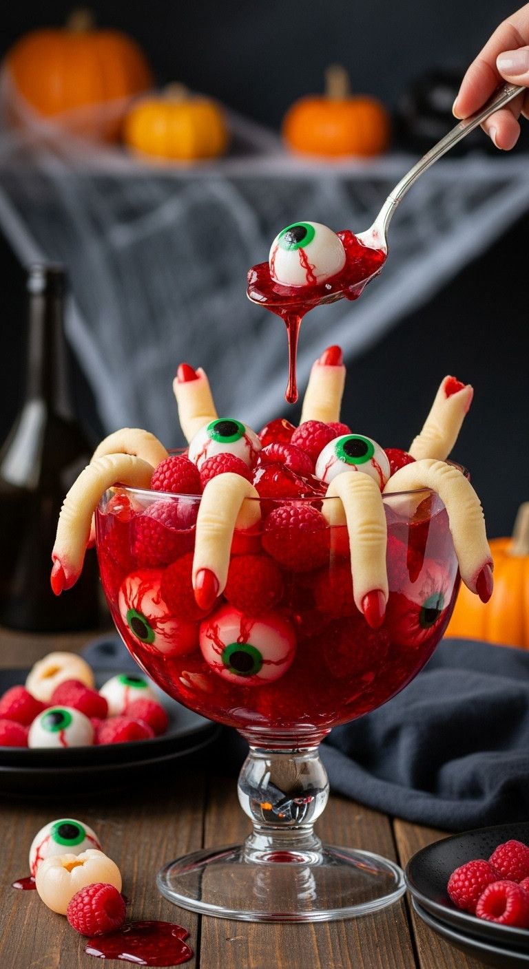 Spooky Halloween Jelly With Eerie Eyeballs And Gruesome Marzipan Fingers In A Trifle Bowl Perfect For Gory Party Recipes