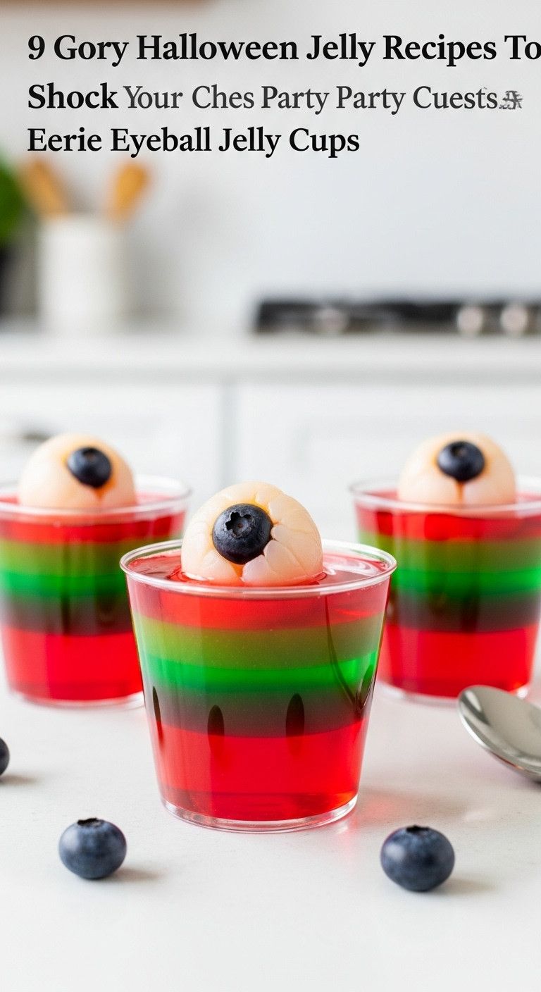 Eerie Halloween Eyeball Jelly Cups With Red And Green Layers And Blueberry Pupils On A White Countertop Perfect For Spooky Recipes