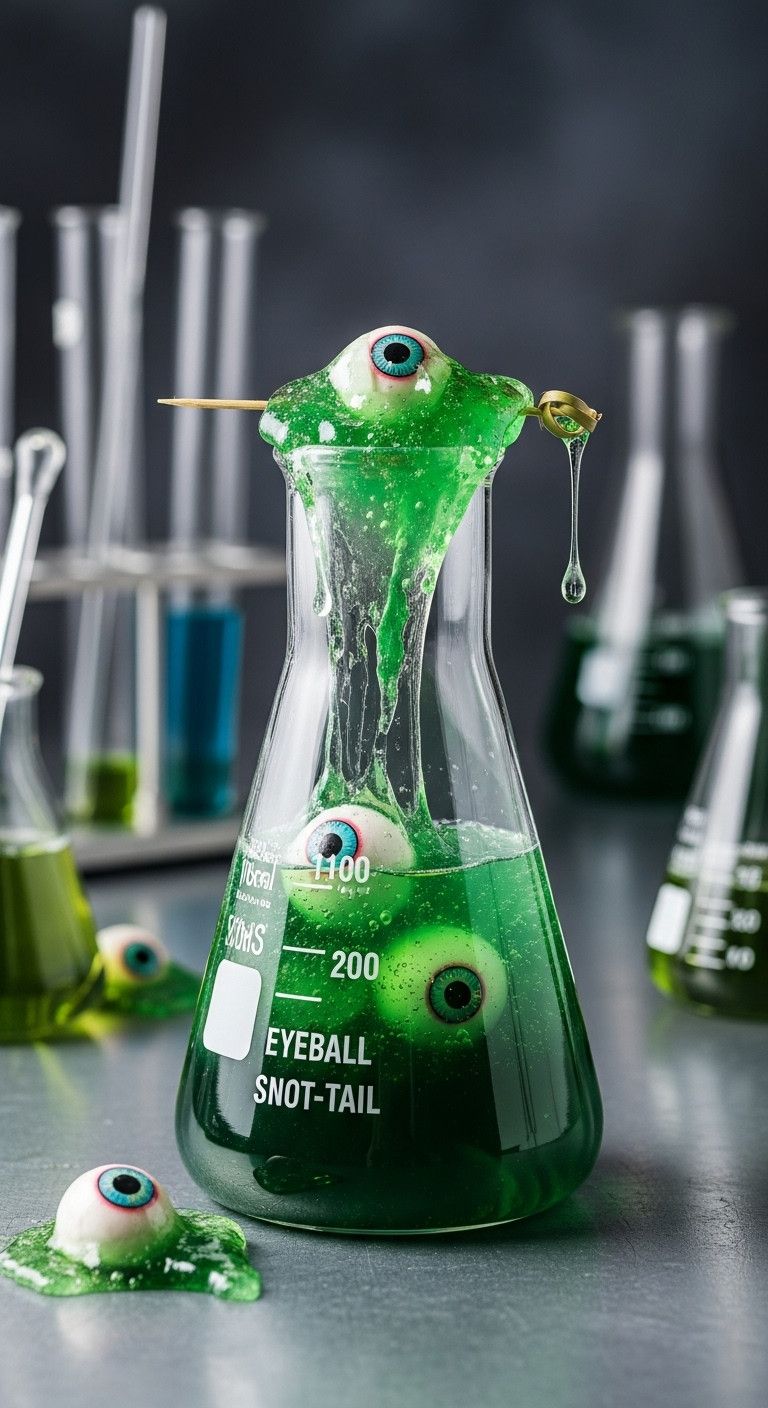 Eyeball Snot-Tail Mocktail In A Glass Beaker With Slimy Green Liquid And Edible Eyeballs Perfect For Mad Scientist Halloween Recipes