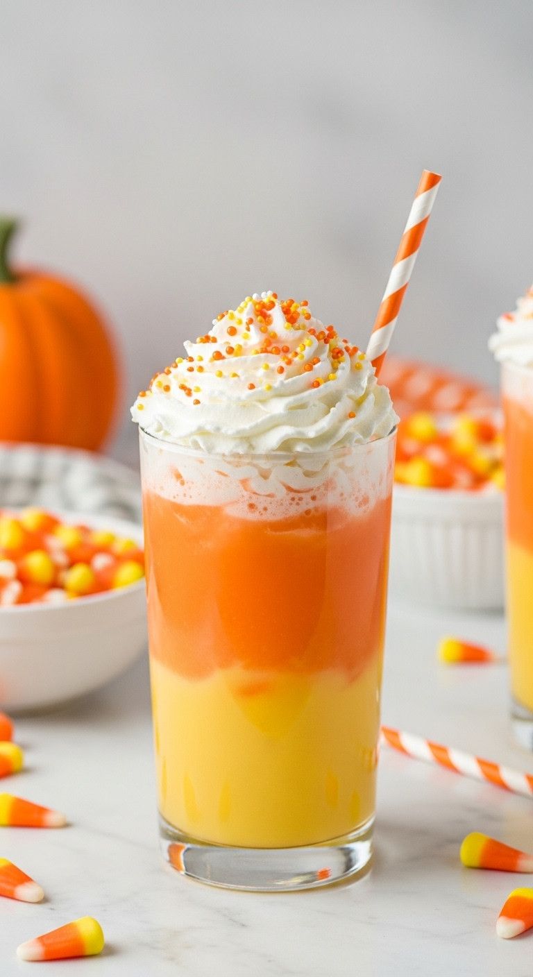 Candy Corn Fizz Halloween Drink With Yellow Orange Layers Whipped Cream And Sprinkles Perfect For Festive Recipes