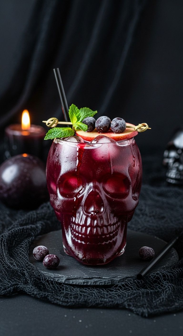 Ghoulish Grape And Apple Cooler In A Skull Glass With Deep Purple Red Drink Bleeding Grenadine And Black Licorice Straw Perfect For Recipes