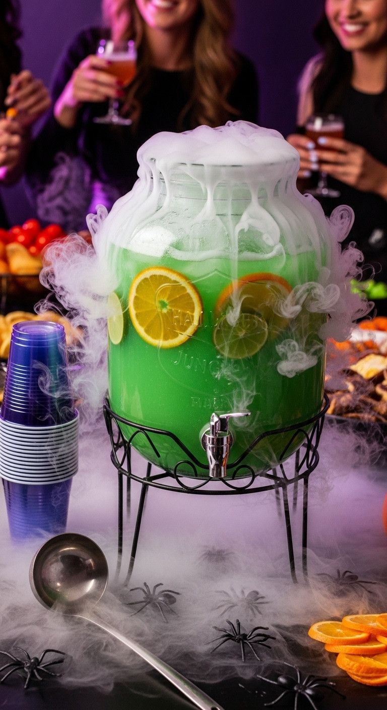 Glowing Green Halloween Jungle Juice With Dry Ice Fog Orange And Lime Slices In A Massive Drink Dispenser Perfect For Adult Party Recipes