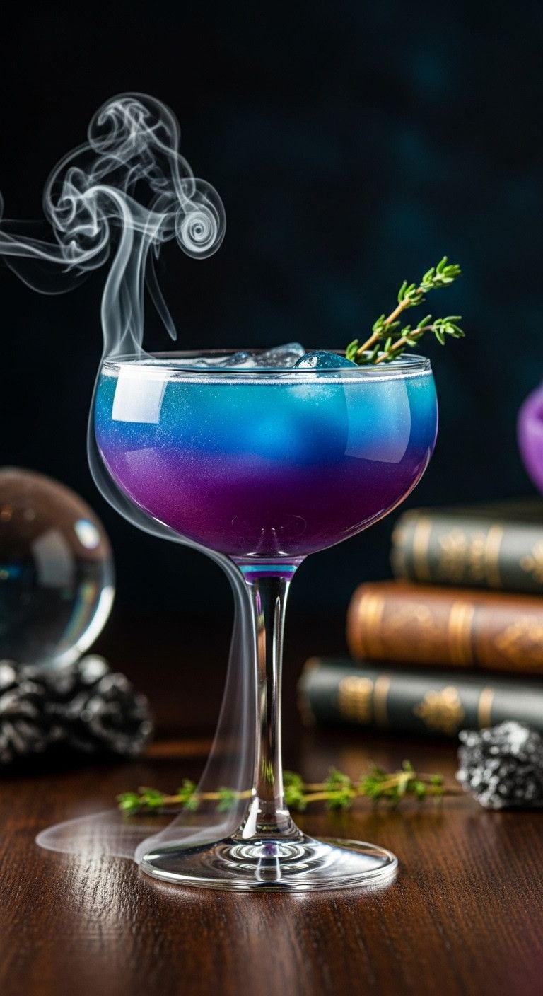 Witches Brew Lemonade Cocktail In A Coupe Glass With Shimmery Purple To Blue Layers And Smoke Perfect For Magical Halloween Recipes