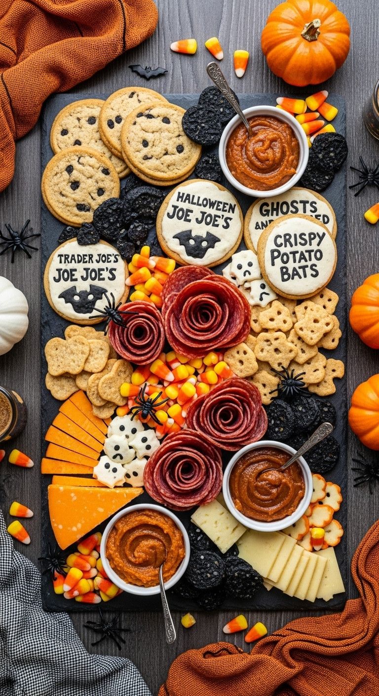 Ultimate Spooky Snack Board With Trader Joes Halloween Joe Joes Potato Snacks Cheeses Salami Roses And Pumpkin Butter Perfect For Recipes