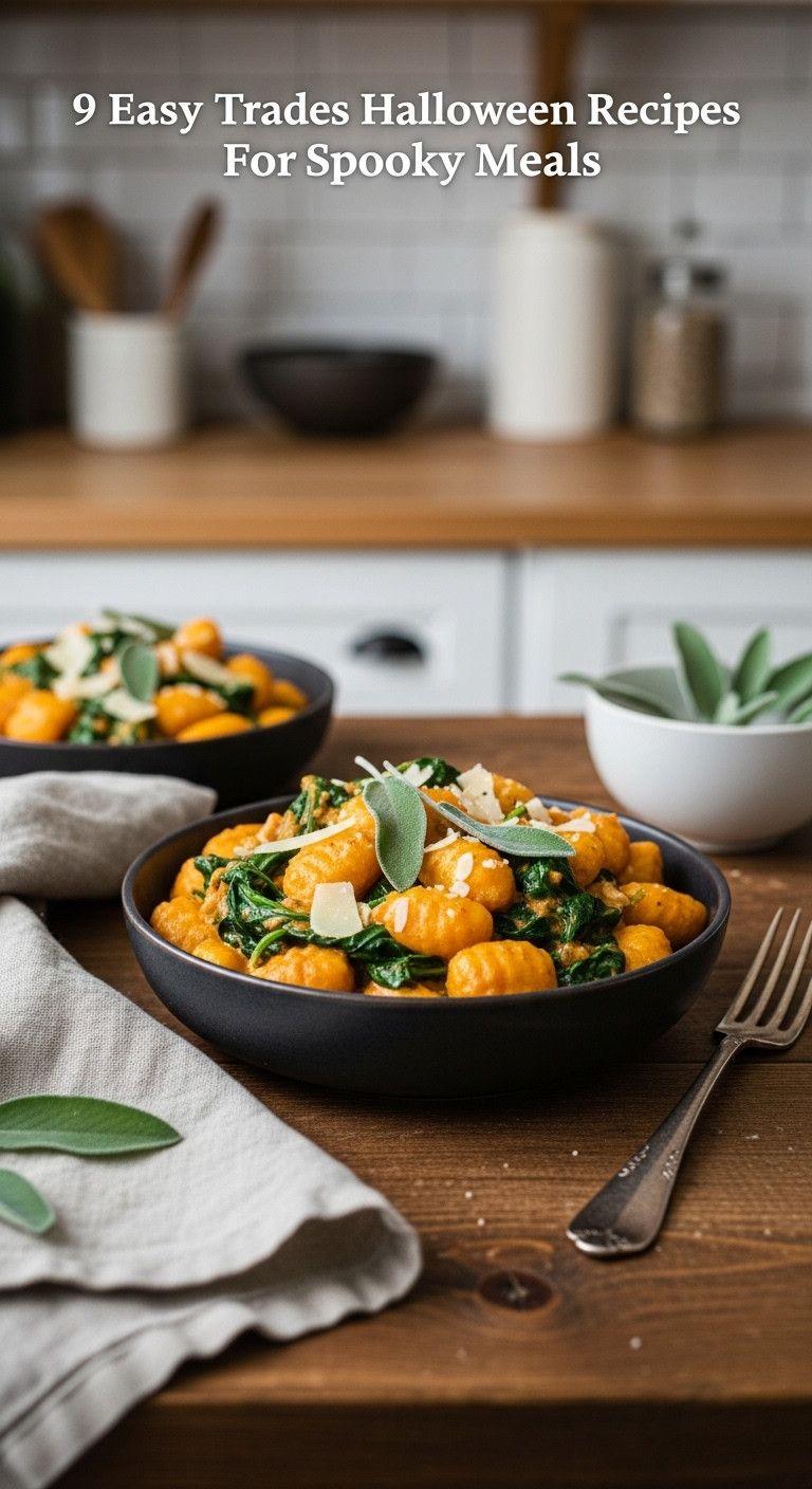 Ghoulish Pumpkin Alfredo Gnocchi In A Rustic Bowl With Creamy Orange Sauce Wilted Spinach And Fresh Sage Perfect For Spooky Recipes