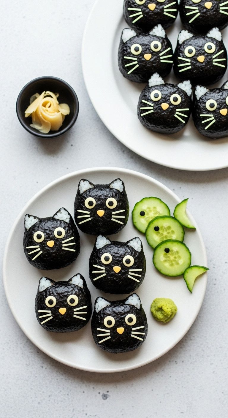 Adorable Black Cat Sushi Balls Wrapped In Nori Seaweed With Cheese Eyes And Mayonnaise Whiskers Perfect For Japanese Halloween Recipes