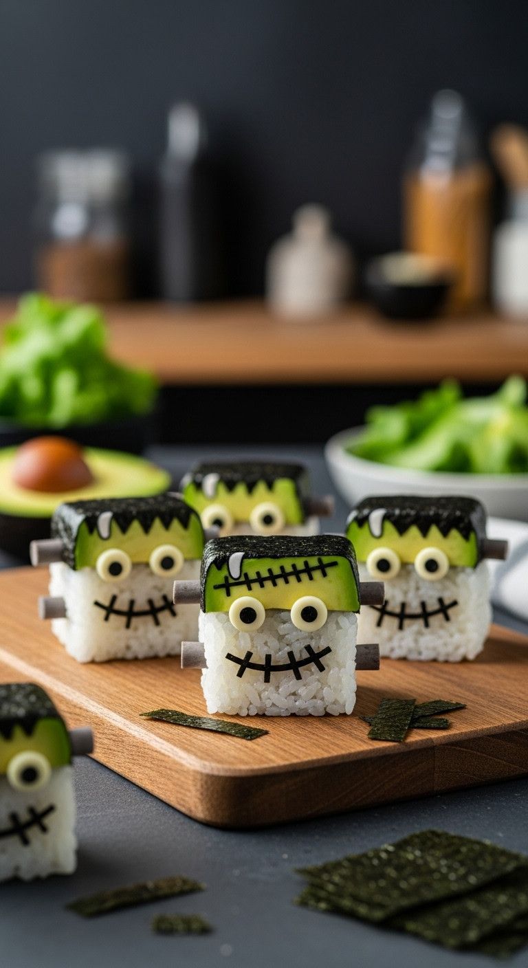 Frankenstein's Monster Avocado Sushi With Vibrant Green Topping Nori Seaweed Hair And Stitched Mouth Perfect For Japanese Halloween Recipes