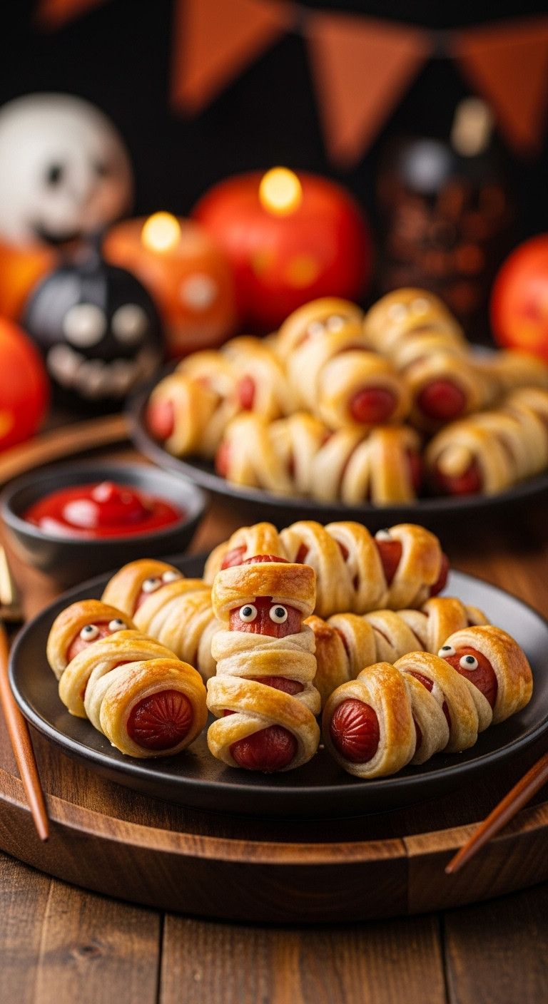 Savory Mummy Sausage Bites With Crispy Golden Brown Dough And Black Sesame Seed Eyes Perfect For Japanese Halloween Recipes