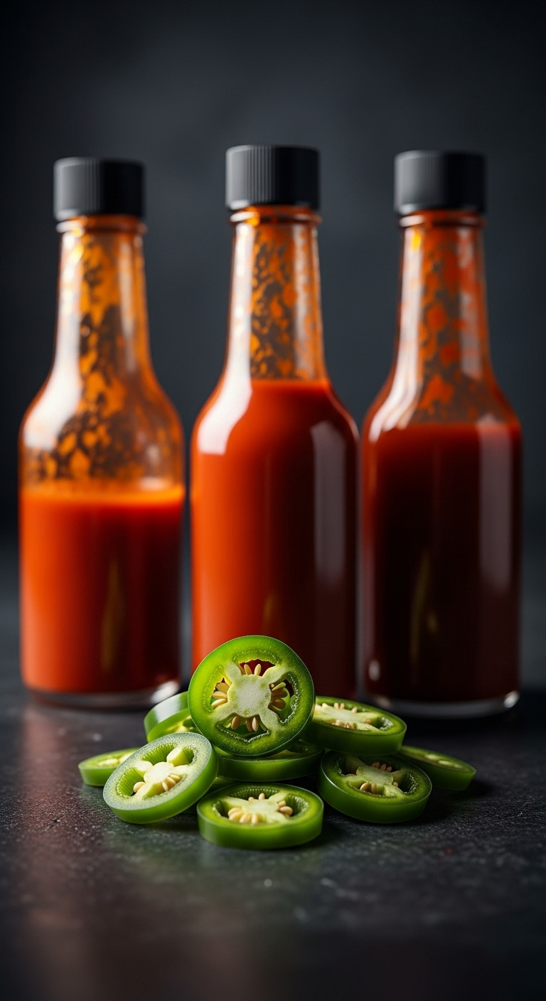Hot-Sauce-Bottles-With-Sliced-Jalapenos-On-Dark-Textured-Surface
