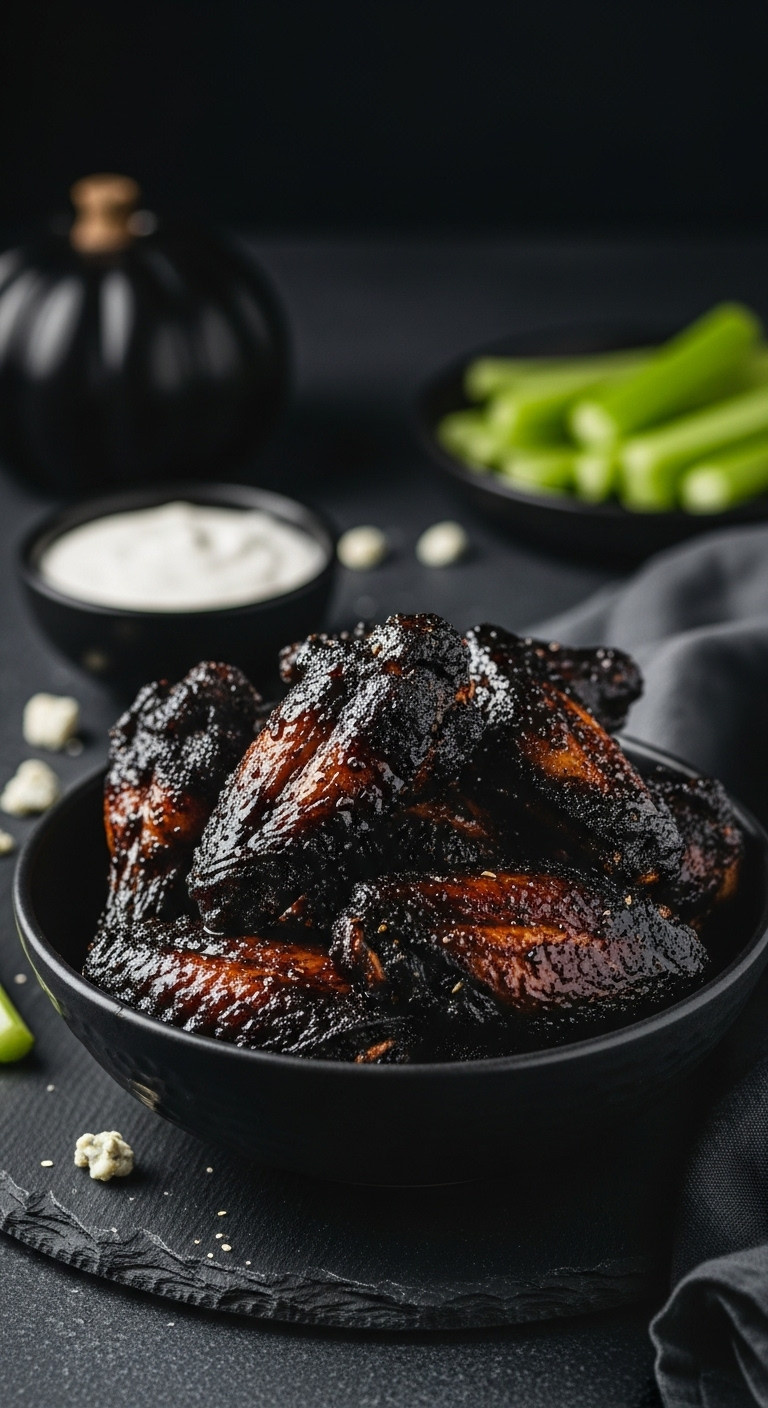 Hyperrealistic Black Bat Wings In Rustic Bowl With Dipping Sauce And Celery Sticks On Dark Surface
