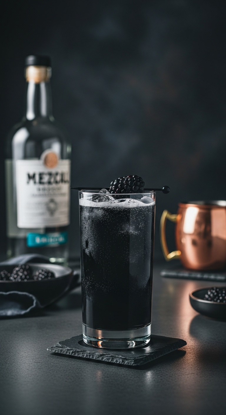 Hyperrealistic Black Widow Cocktail In Highball Glass With Blackberry Garnish On Dark Bar