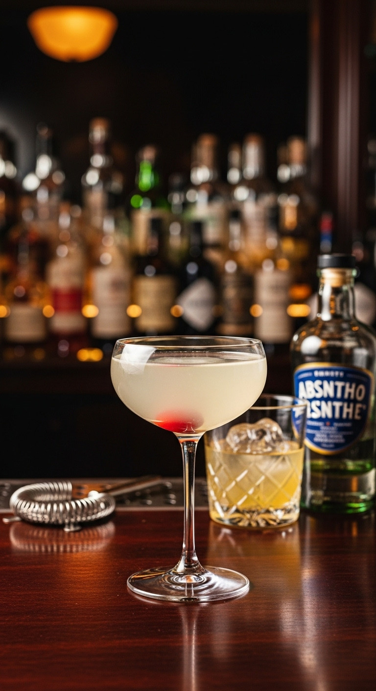 Hyperrealistic Corpse Reviver No 2 Cocktail In Coupe Glass With Cherry On Mahogany Bar With Vintage Bottles