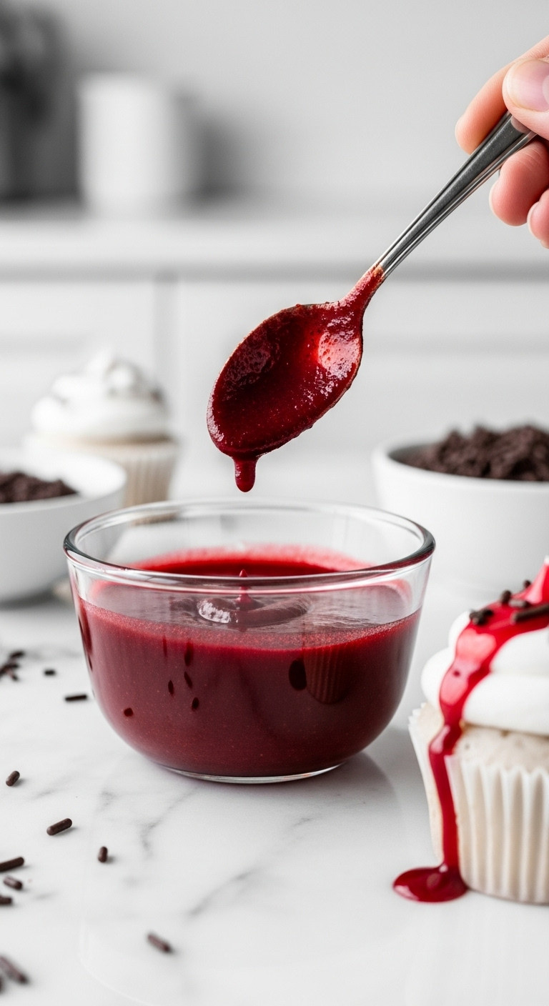 Hyperrealistic Edible Fake Blood In Glass Bowl With Spoon Dripping Onto White Cupcake On Marble Countertop