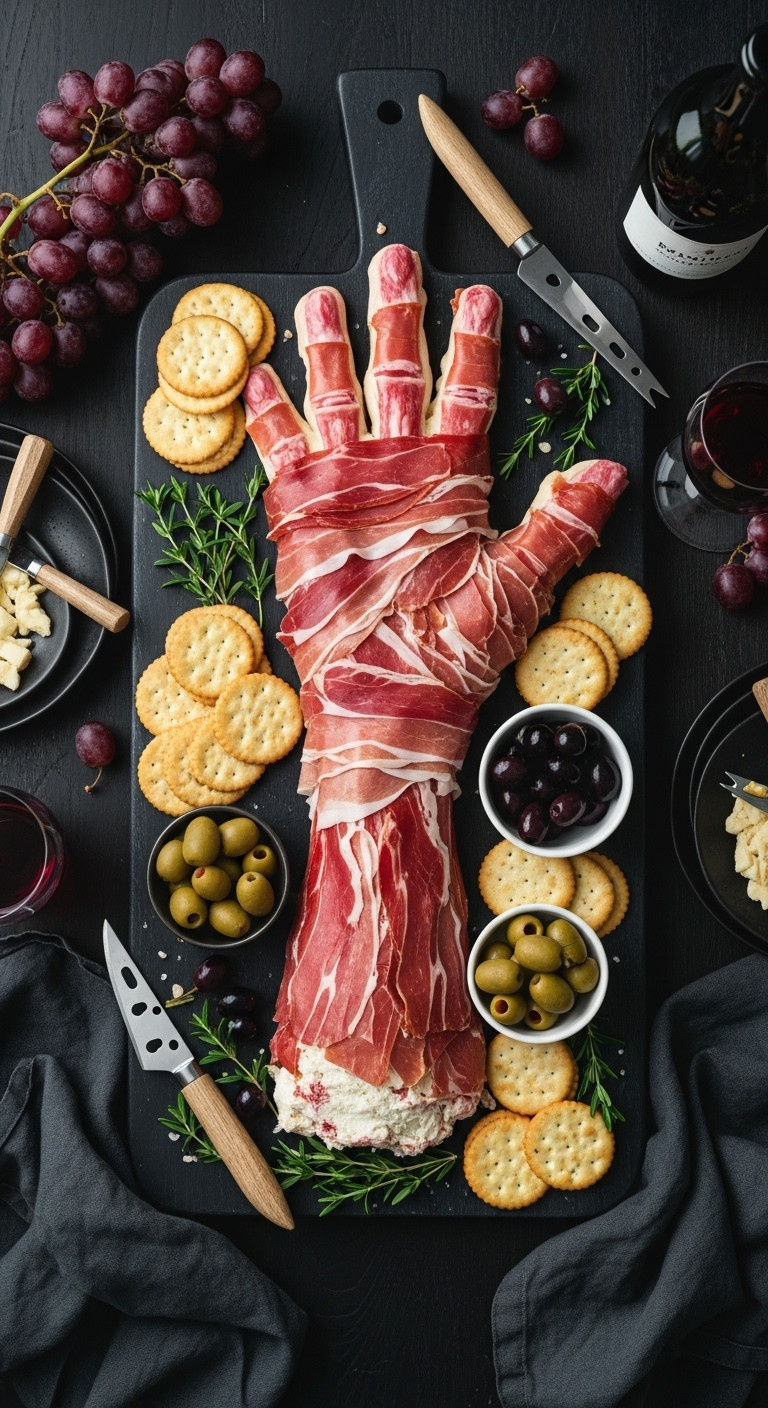 Hyperrealistic Face Meat Pie On A Halloween Dinner Table With A Slice Cut Out Revealing Filling Surrounded By Candles Wine And A Serving Knife