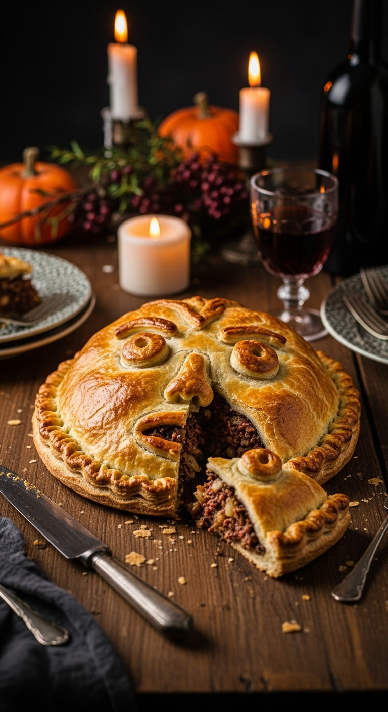 Hyperrealistic Face Meat Pie On A Halloween Dinner Table With A Slice Cut Out Revealing Filling Surrounded By Candles Wine And A Serving Knife