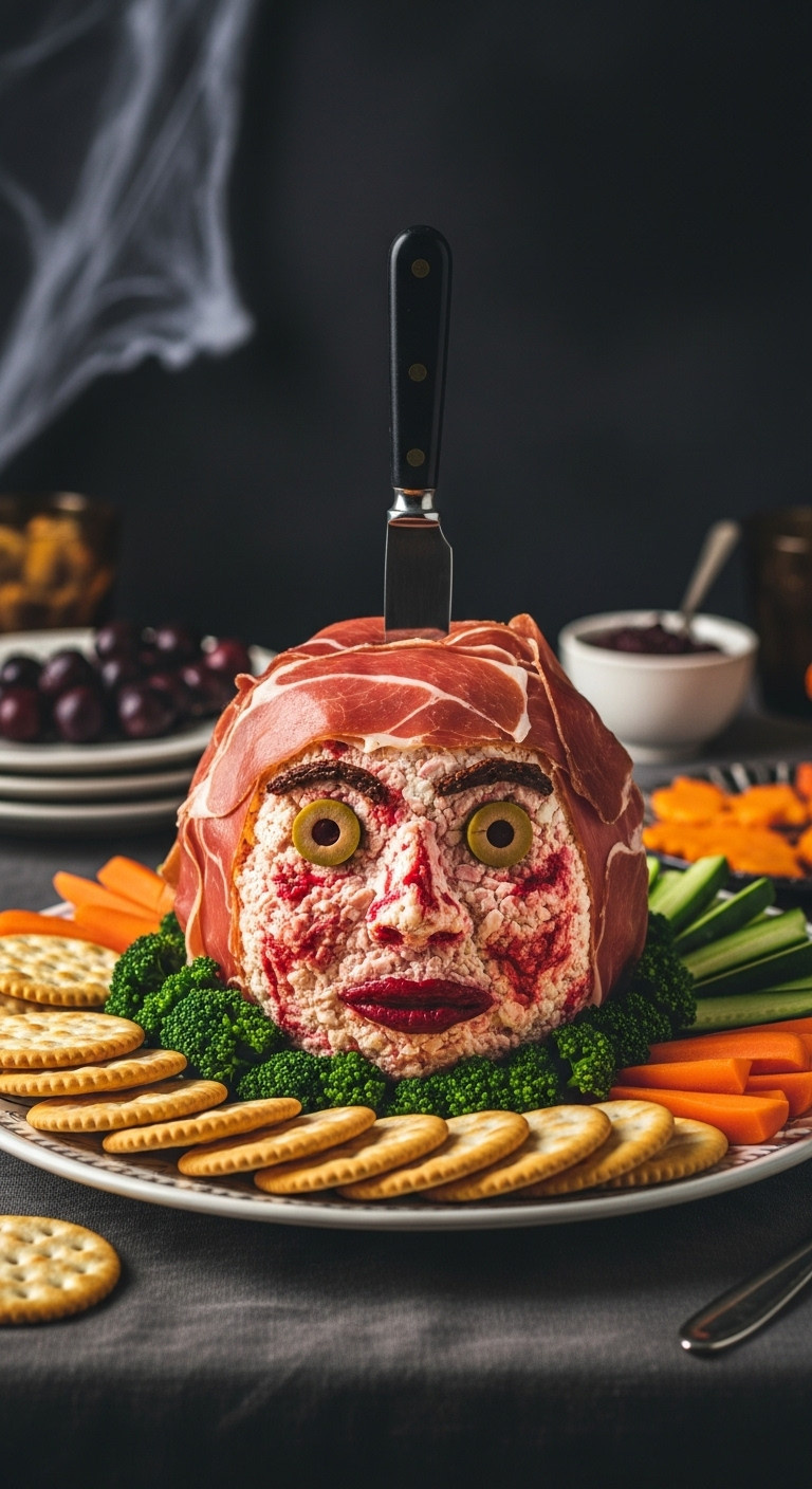 Hyperrealistic Flayed Man Cheese Ball Appetizer With Prosciutto Olive Eyes Crackers Vegetables Spreader Knife On Dark Tablecloth