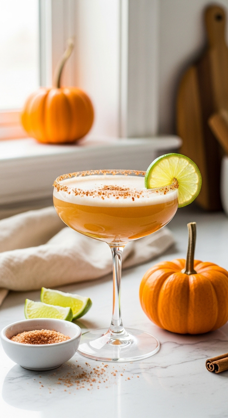 Hyperrealistic Pumpkin Margarita In Coupe Glass With Spice Salt Rim, Lime, Mini Pumpkin, And Salt Bowl On White Marble Countertop Flat Lay
