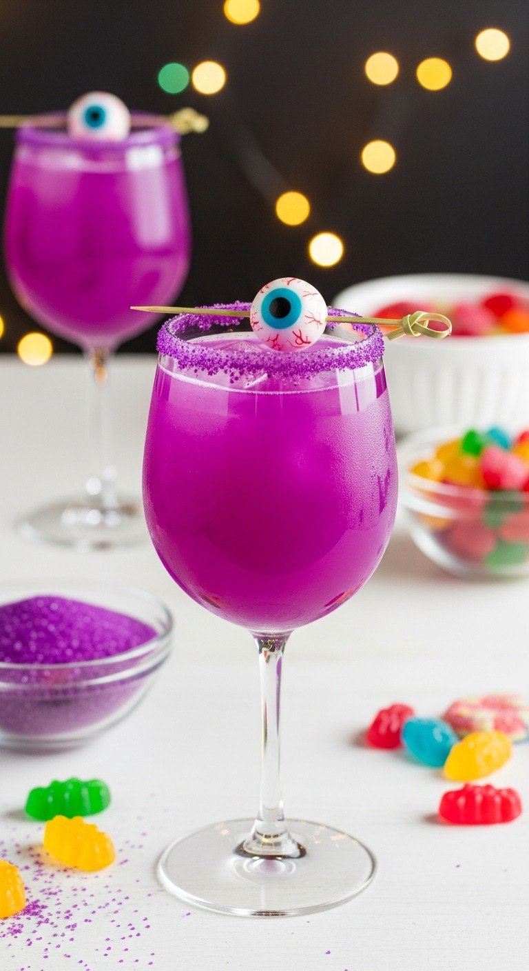 Hyperrealistic Purple People Eater Cocktail In Stemless Wine Glass With Sanding Sugar Rim Gummy Eyeball On Skewer On White Table