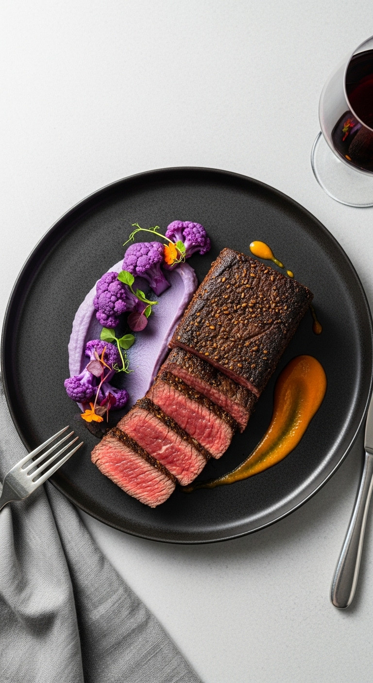 Hyperrealistic Reverse Sear Black Magic Top Sirloin Sliced With Purple Cauliflower Puree Orange Sauce On Dark Plate With Fork And Wine