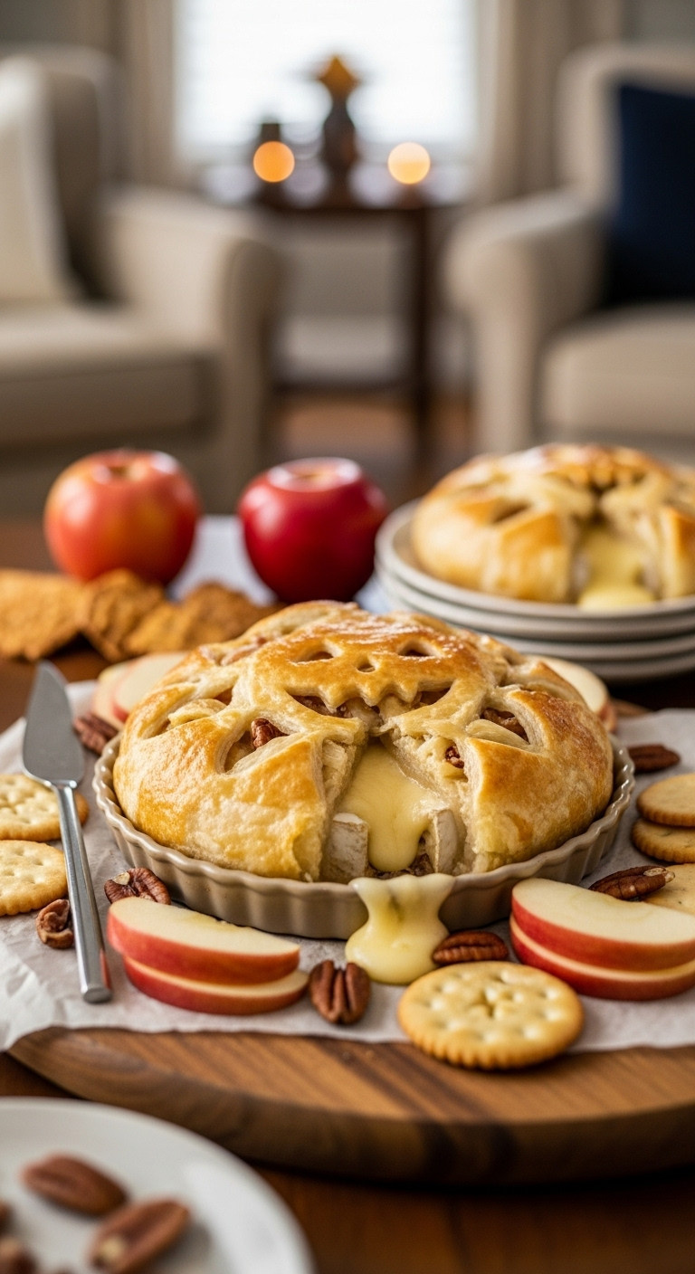 Hyperrealistic Scary Baked Brie Wrapped In Puff Pastry With Spiderweb Design Oozing Cheese On Wooden Board With Apples Crackers Pecans