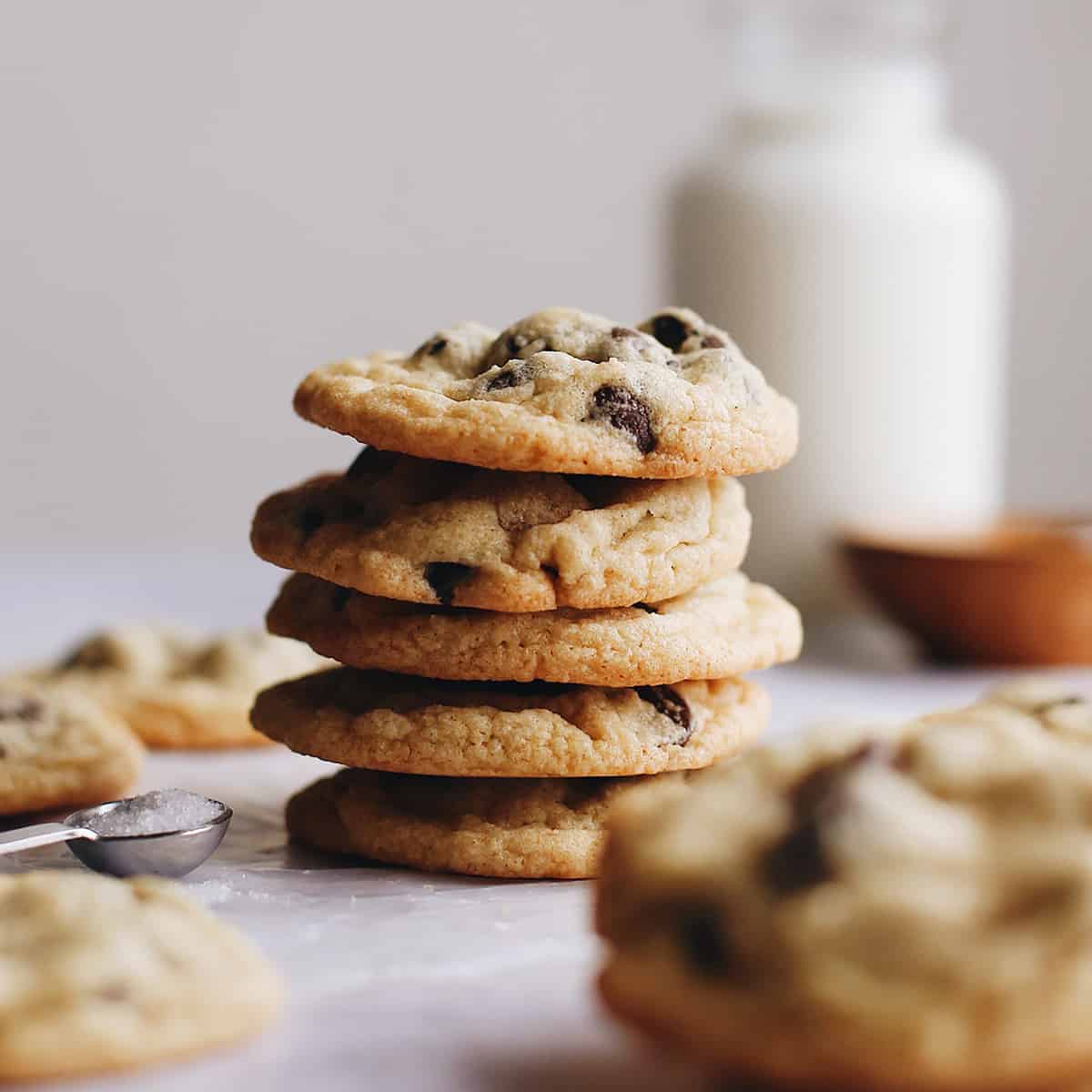 Stack Of 4 Gluten Free Chocolate Chip Cookies The Top One With A Bite Taken Out