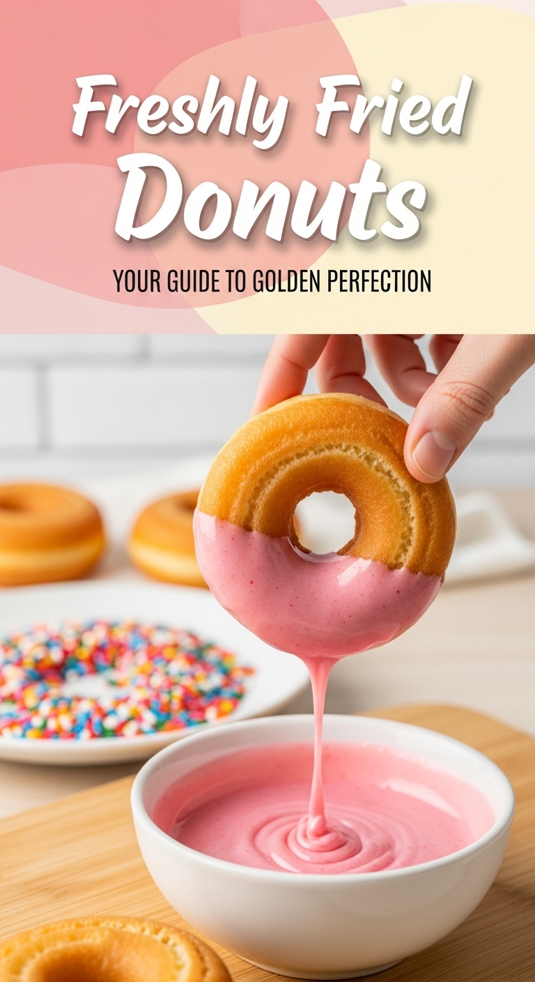 Freshly Fried Donut Being Dipped Into Pink Glaze With Colorful Sprinkles On A Nearby Plate.