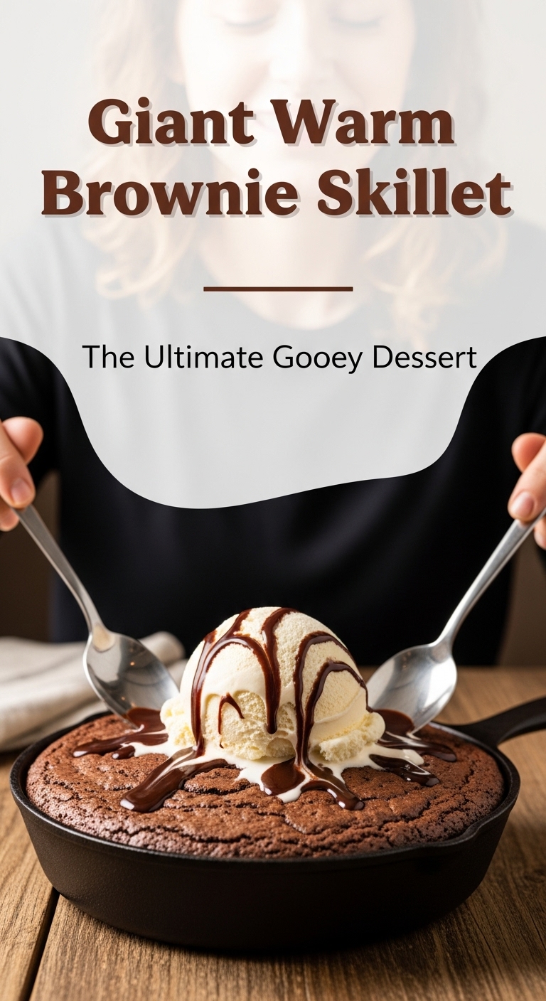 Giant Warm Brownie In A Cast-Iron Skillet Topped With Vanilla Ice Cream, Chocolate Sauce, And Spoons Ready For Sharing.