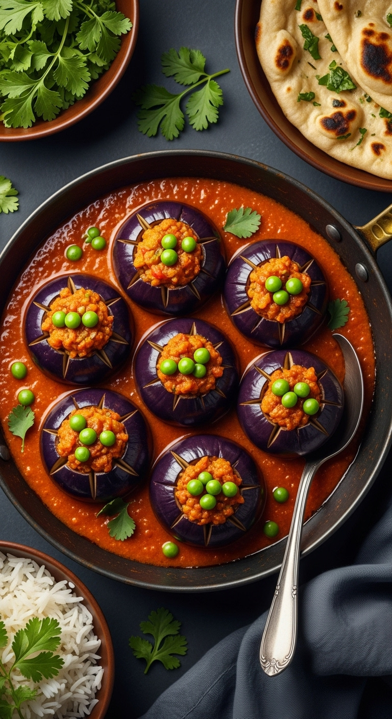 Indian Spiced Potato And Pea Stuffed Eggplant Bharwa Baingan In Tomato Gravy In Kadai With Basmati Rice Cilantro And Naan On Dark Background