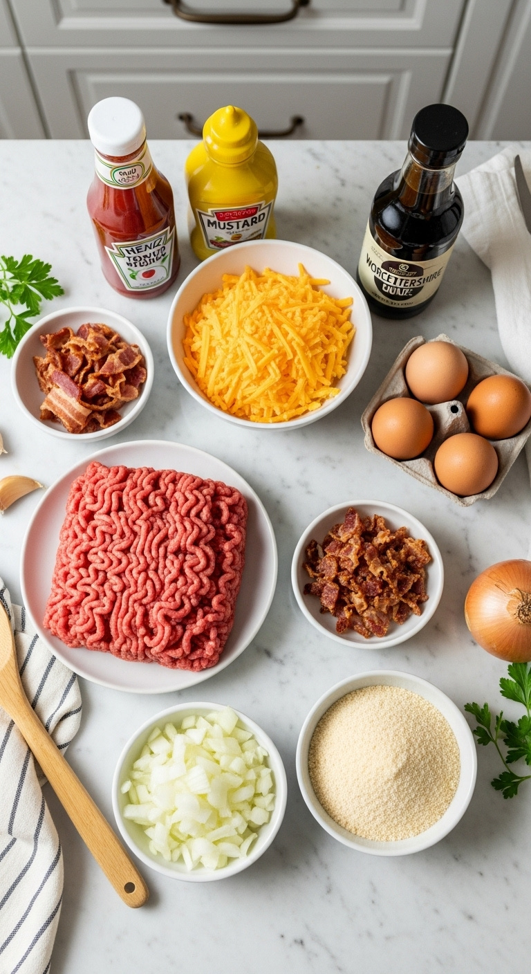 Ingredients-For-Cheeseburger-Meatloaf-Ground-Beef-Cheddar-Bacon-Onion-Panko-Eggs-Ketchup-Mustard Worcestershire-Sauce-Flat-Lay