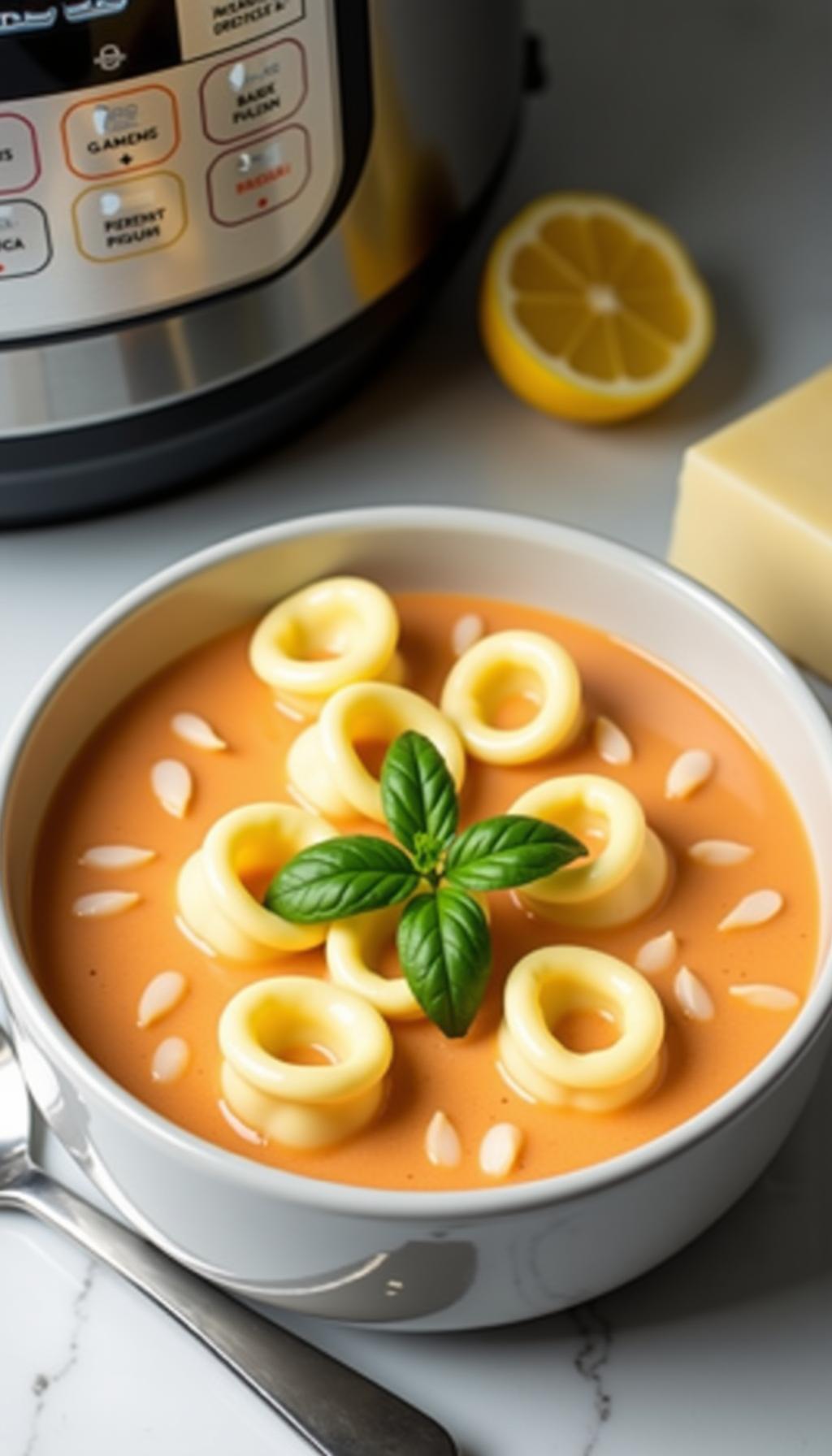 Instant Pot Tortellini Soup With Creamy Orange Pink Sauce Fresh Basil And Parmesan On Counter