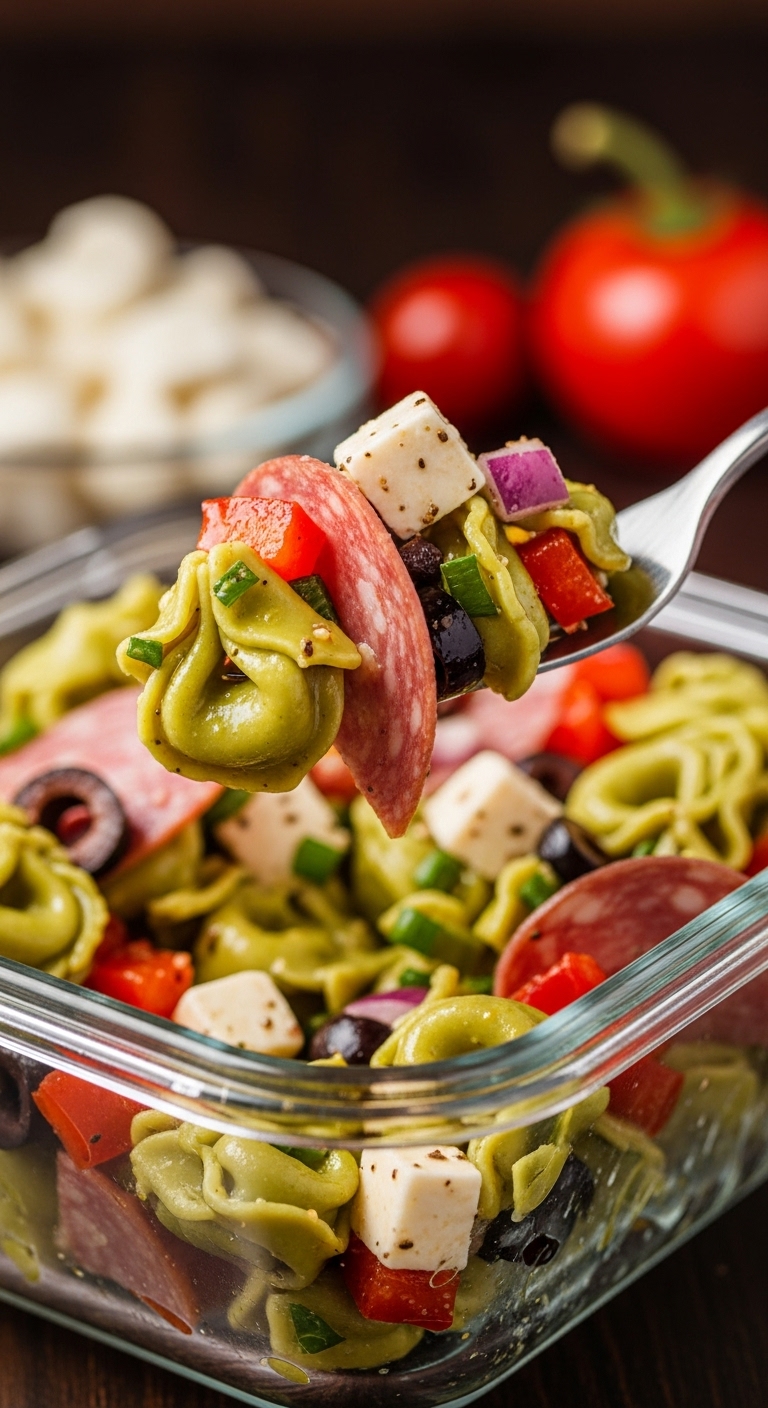 Italian-Deli-Style-Tortellini-Salad-Fork-Bite-Salami-Cheese-Olives-Dressing-Meal-Prep-Container