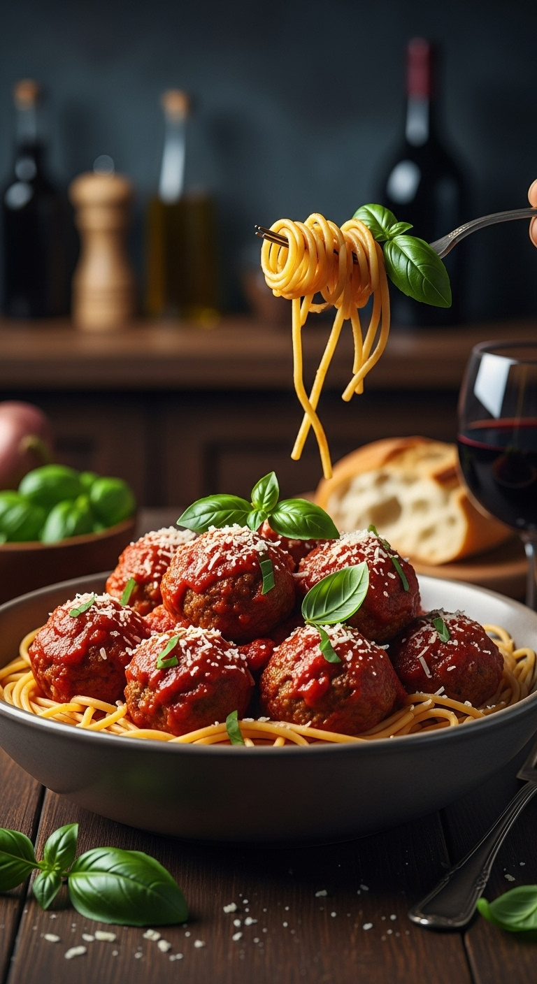 Italian-Marinara-Meatballs-Spaghetti-Parmesan-Basil-Bread-Wine-85Mm-Lens-Portrait