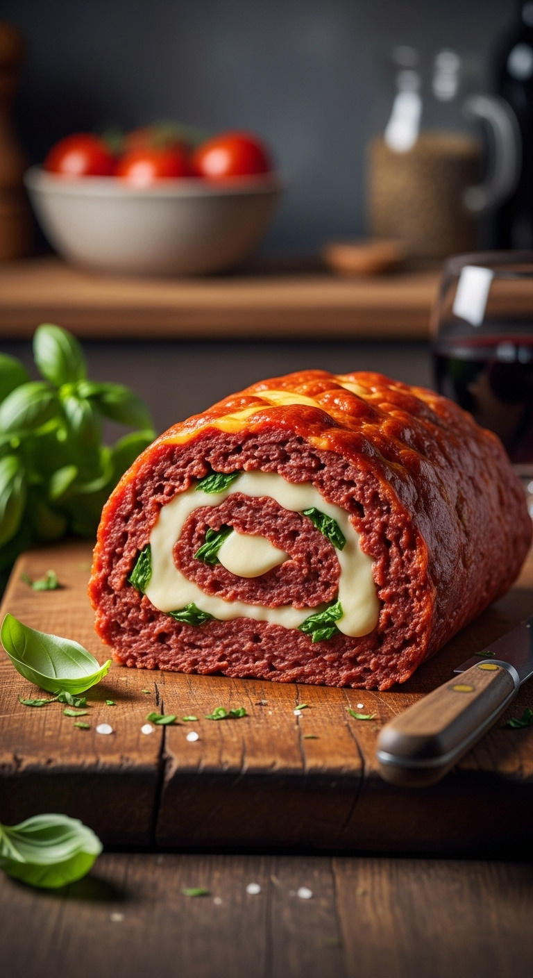 Italian Stuffed Meatloaf Roll With Melted Provolone And Mozzarella Swirl On Rustic Cutting Board With Basil Tomatoes And Red Wine