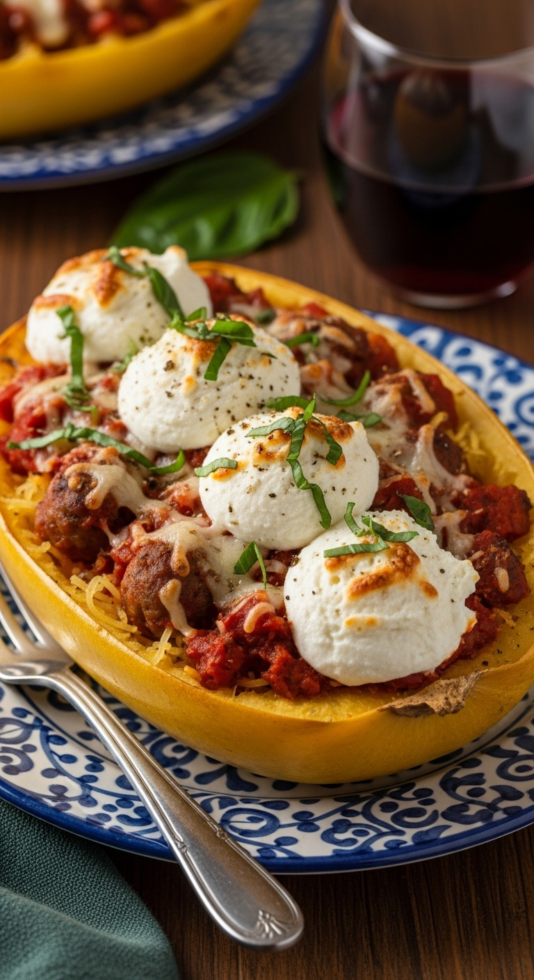 Italian Stuffed Spaghetti Squash With Chicken Sausage Red Sauce Ricotta And Melted Cheeses Topped With Basil On A Patterned Plate