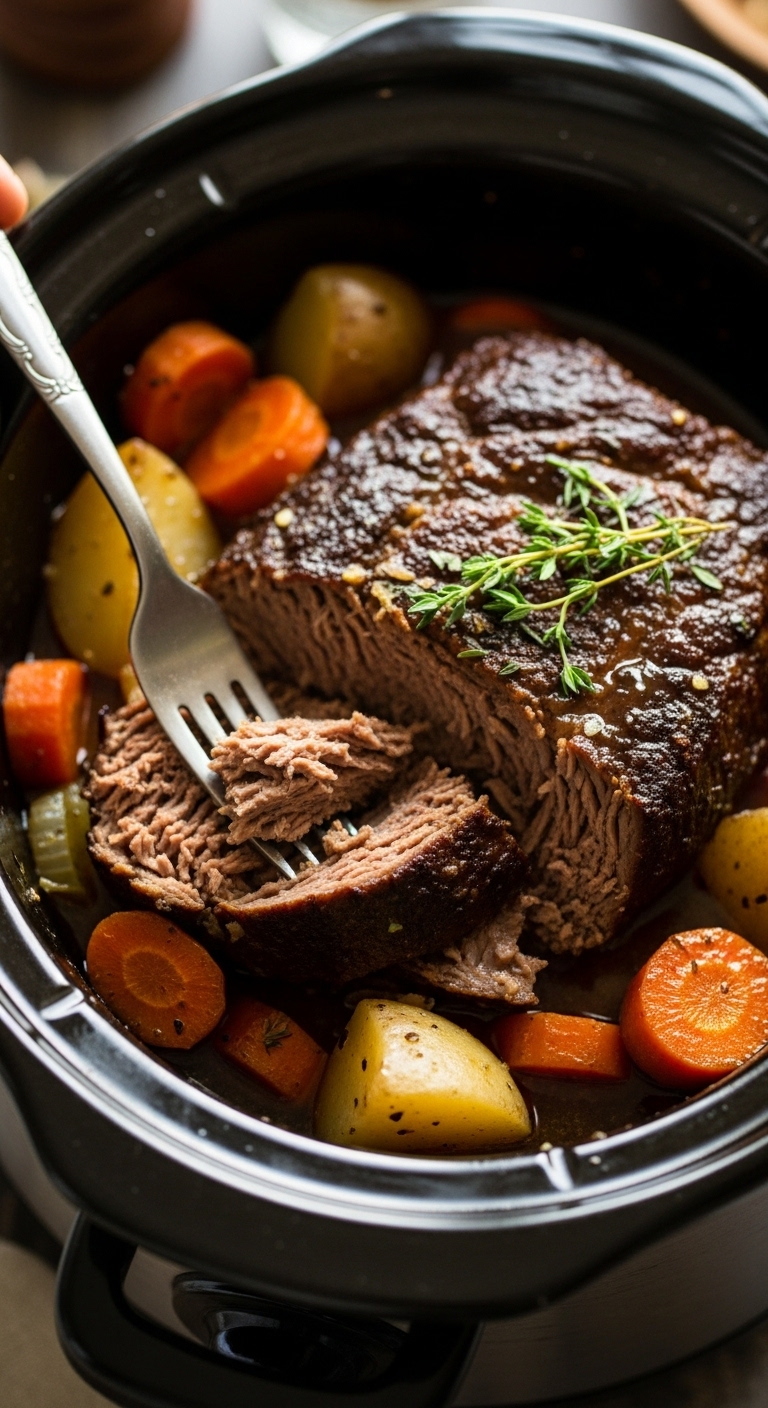 Juicy Pot Roast With Tender Carrots Potatoes And Fresh Thyme Being Flaked With Fork In Dark Ceramic Slow Cooker Insert With Cozy Rustic Lighting
