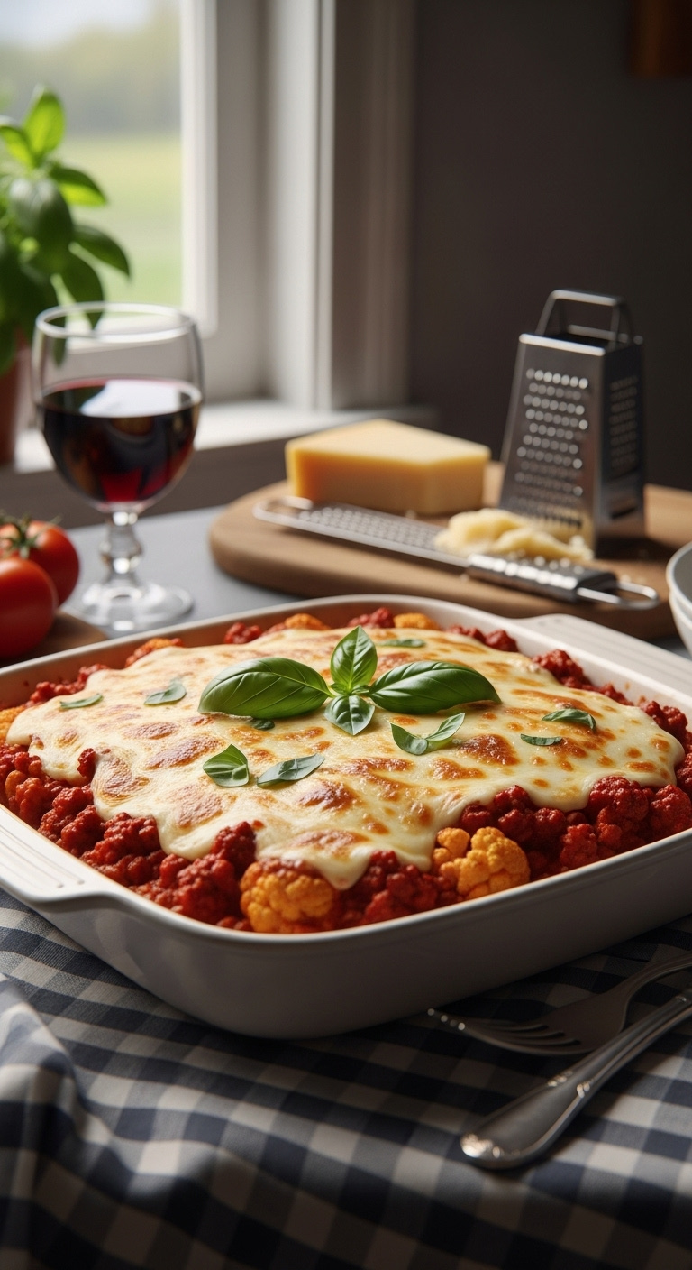 Keto-Friendly Italian Ground Beef Casserole With Cauliflower Topped With Melted Cheese And Fresh Basil On Checkered Tablecloth