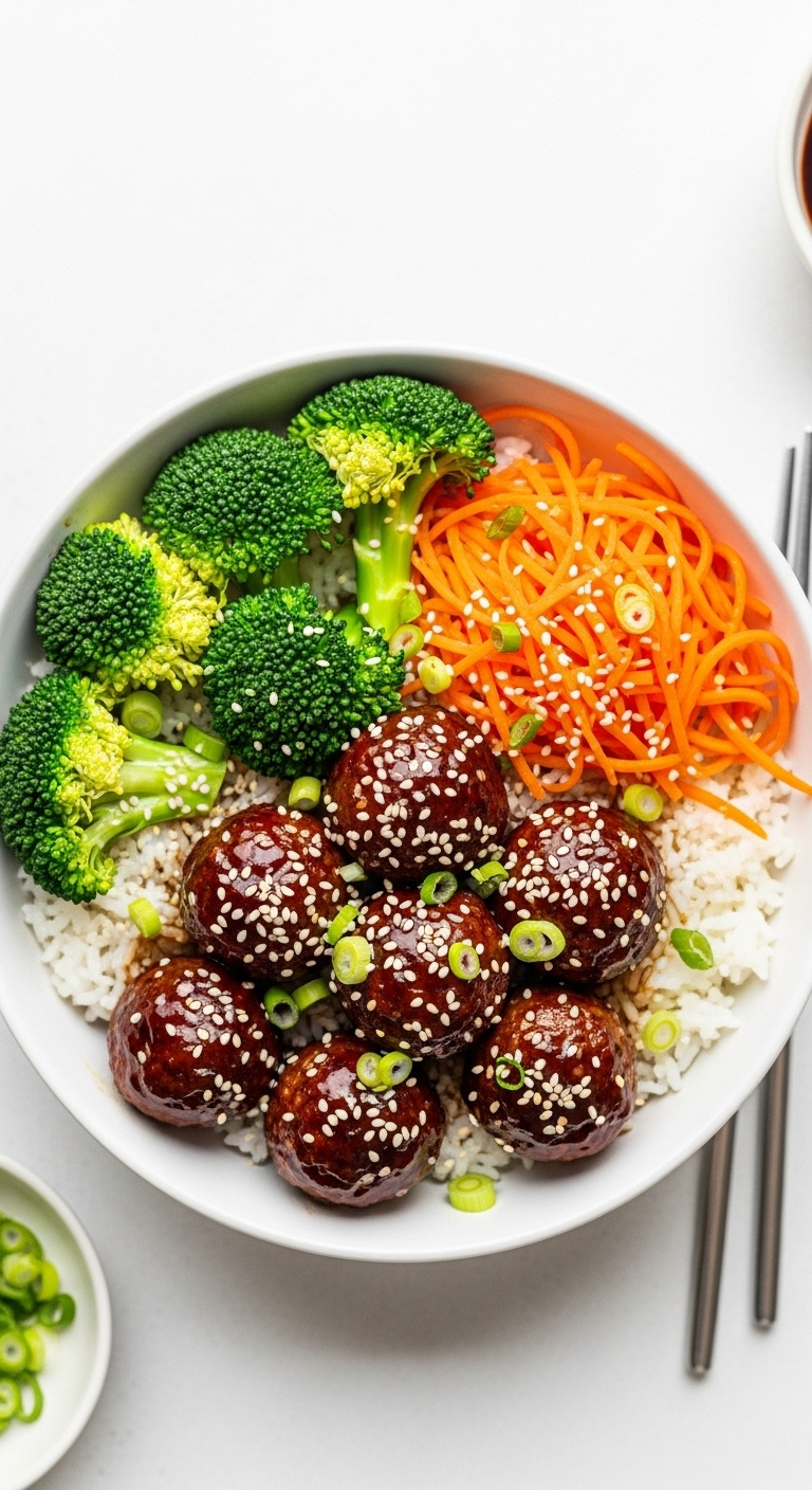 Korean-Bbq-Meatball-Bowl-With-Rice-Broccoli-Carrots-Sesame-Seeds-And-Chopsticks