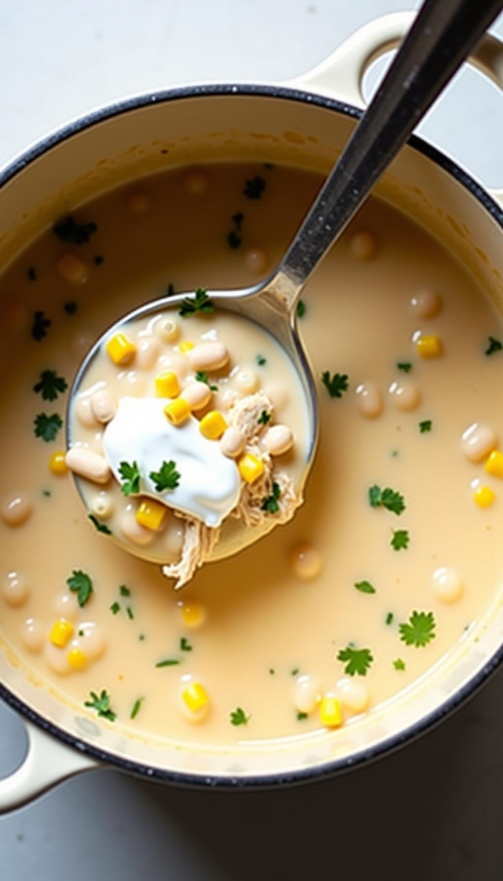 Ladle Stirring Creamy Mexican Street Corn White Chicken Chili With Shredded Chicken Corn Beans And Sour Cream Swirls