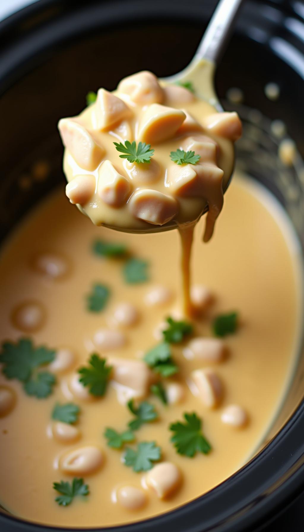 Ladle Stirring Creamy White Chicken Chili With Shredded Chicken And Cilantro