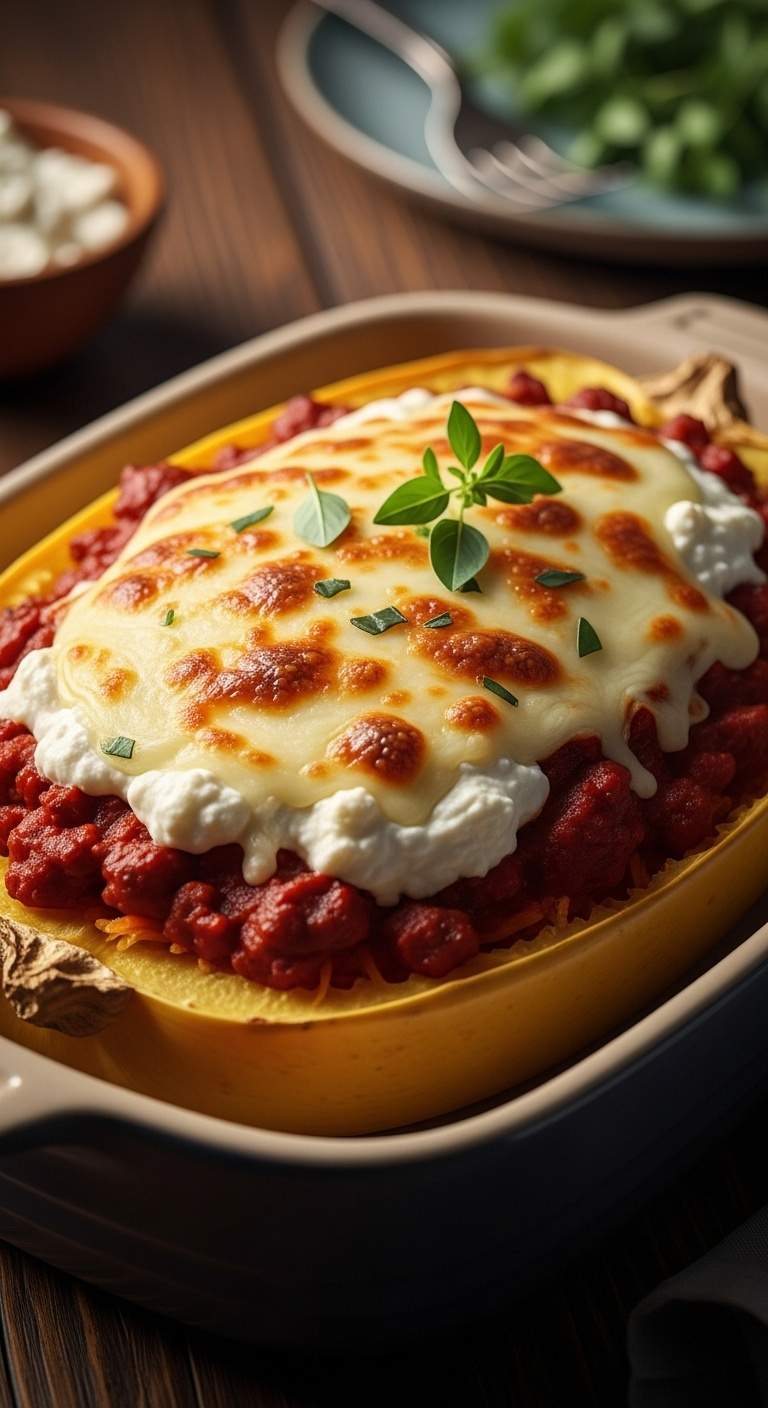 Lasagna Style Stuffed Spaghetti Squash With Marinara Sausage Mozzarella And Ricotta In A Rustic Ceramic Dish On A Wooden Table With Basil