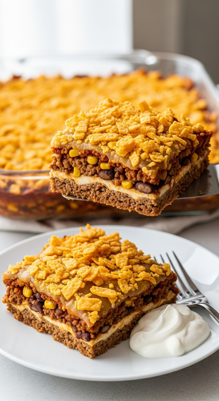 Layered-Mexican-Ground-Beef-Casserole-With-Doritos-Black-Beans-Corn-And-Cheese-On-White-Plate