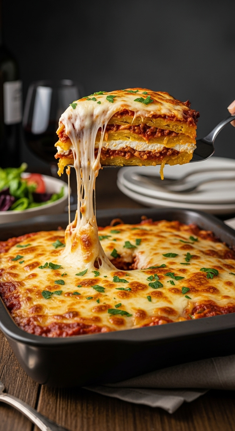 Layered Spaghetti Squash Casserole Slice With Meat Sauce Creamy Center And Bubbly Mozzarella Cheese Pull Lifted From Baking Dish On Wood Table