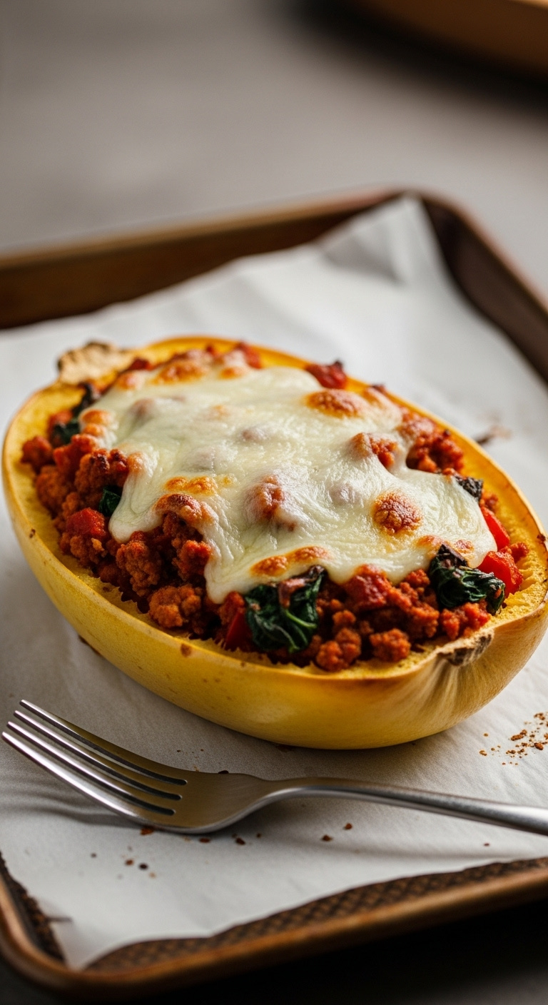 Lazy 5 Ingredient Stuffed Spaghetti Squash Boat With Ground Turkey Red Sauce Spinach And Melted Cheese On Parchment Lined Baking Sheet With Fork