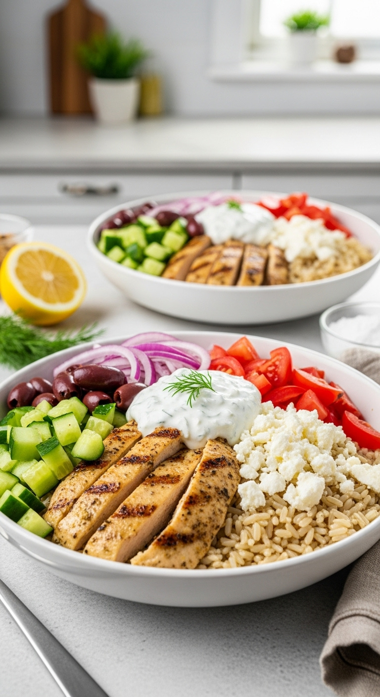 Lemon Herb Greek Chicken Rice Bowl Cucumbers Tomatoes Onions Olives Feta Tzatziki Dill Lemon Rustic Linen Napkin Stone Countertop Vertical
