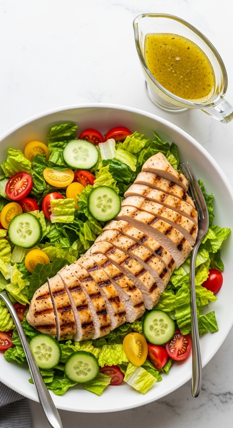 Lemon Herb Grilled Chicken Salad With Romaine Tomatoes Cucumbers And Vinaigrette In Ceramic Bowl
