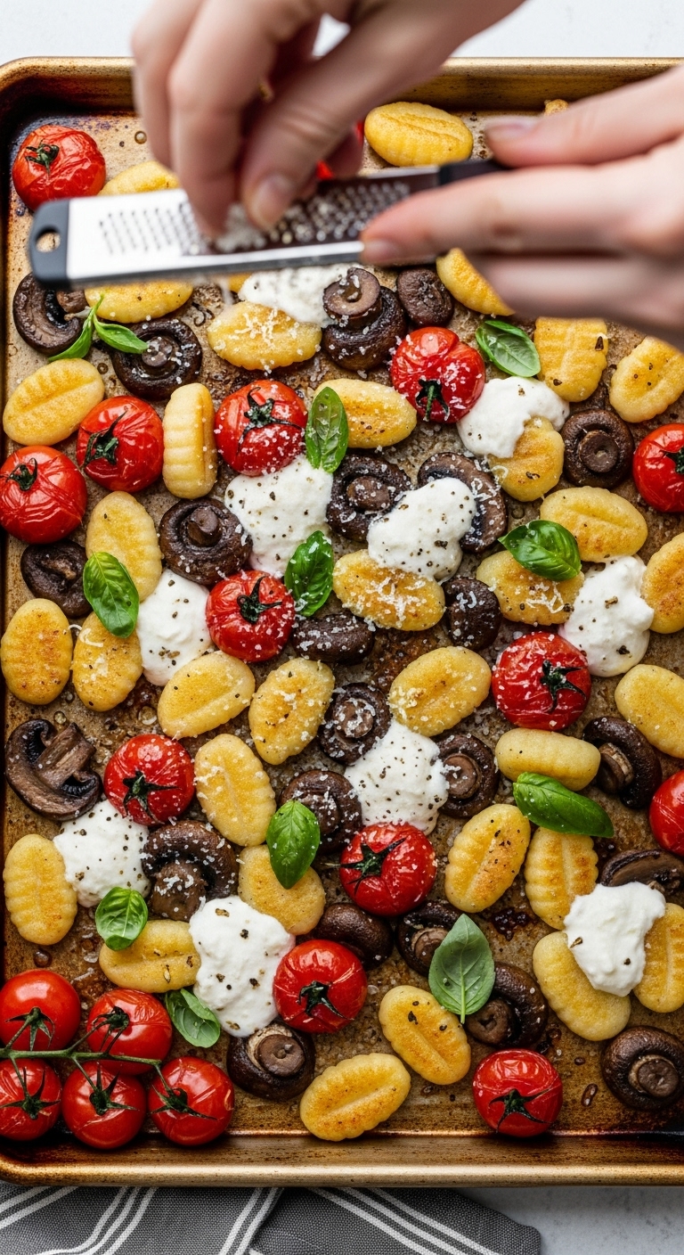 Lemon-Parmesan-Gnocchi-Roasted-Mushrooms-Tomatoes-Basil-Parmesan-Dusting