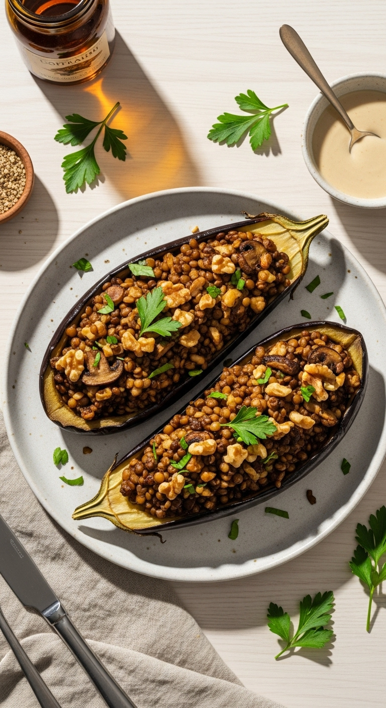 Lentil And Walnut Stuffed Eggplant Boats Top Down On Light Plate With Mushrooms Parsley Tahini Bowl And Linen Napkin On Light Wood