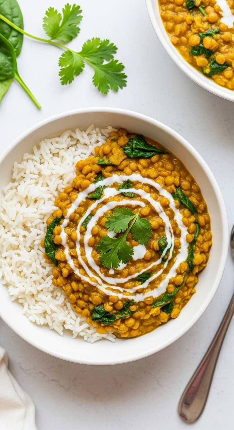 Lentil Coconut Curry With Spinach Cilantro Swirl Of Coconut Milk And Basmati Rice In White Bowl With Vibrant Colors