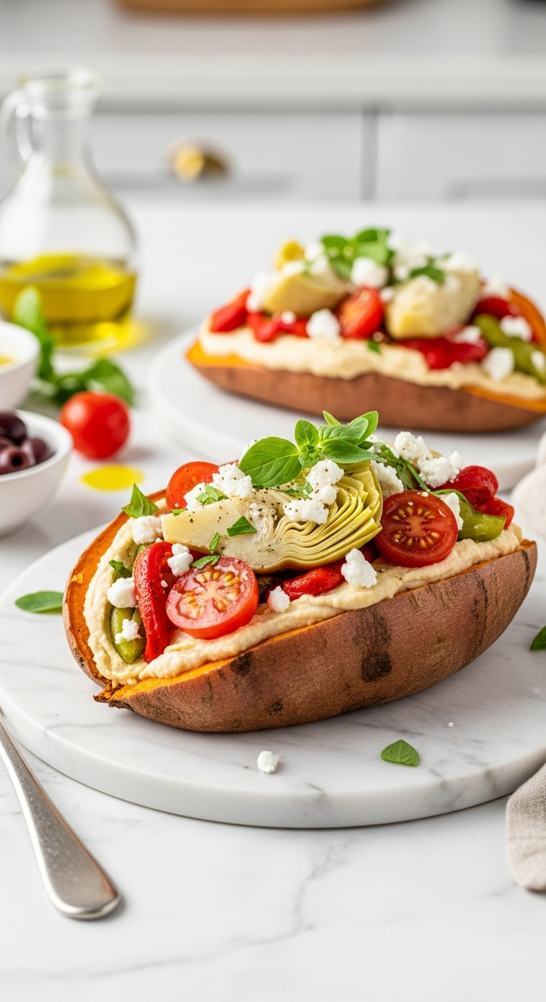 Light Flavorful Hummus Veggie Sweet Potato Roasted Red Peppers Artichokes Grape Tomatoes Feta Parsley Marble Countertop Vertical